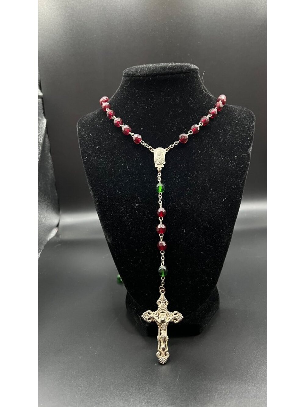 Vintage Rosary Necklace Red & Green Glass Beads Ornate Silver-Tone Crucifix Pend